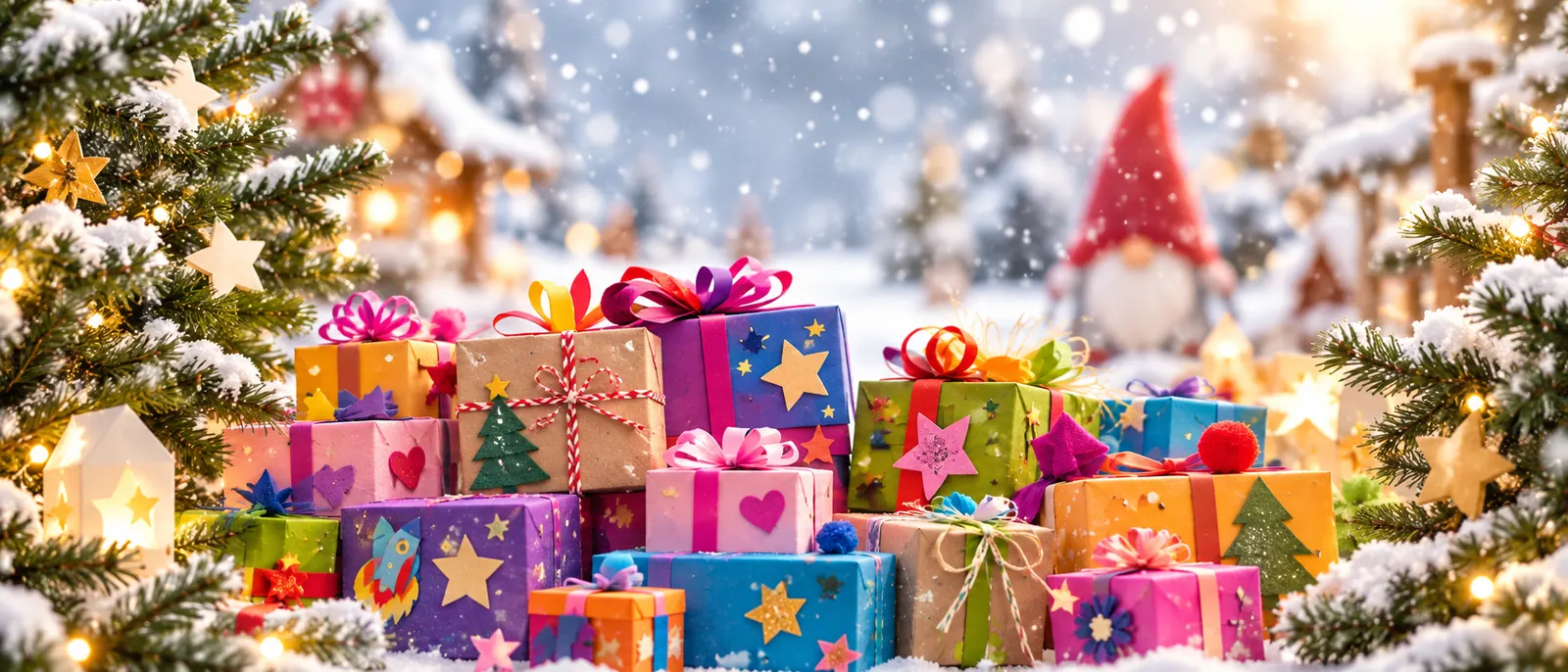 Bunt verpackte Weihnachtsgeschenke vor einem verschneiten Weihnachtsdorf