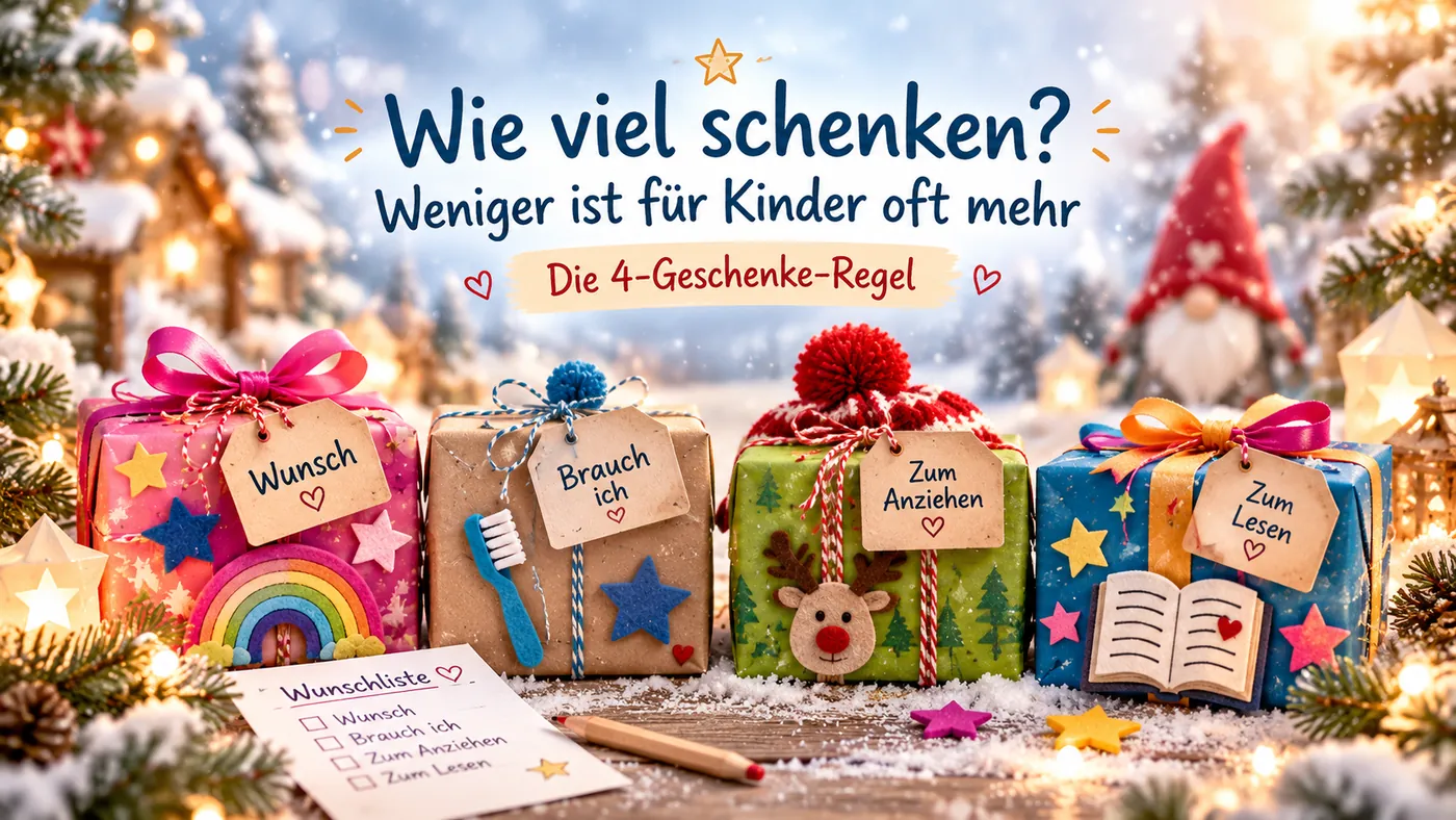 Vier Geschenke mit den Anhängern Wunsch, Brauch ich, Zum Anziehen und Zum Lesen: die Vier-Geschenke-Regel