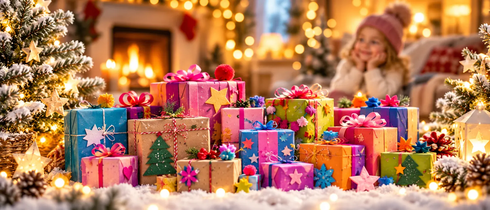 Kind freut sich über einen Berg bunter Weihnachtsgeschenke vor dem Kamin